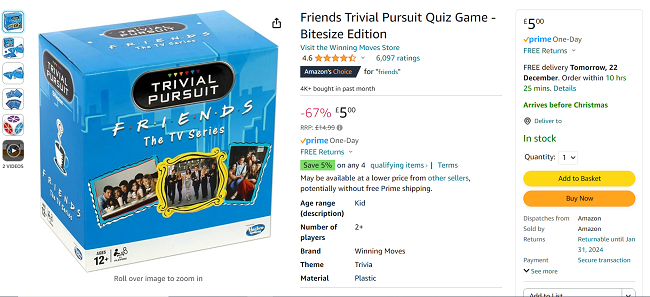 Friends Trivial Pursuit Quiz Game Bitesize Edition £5 @ Amazon