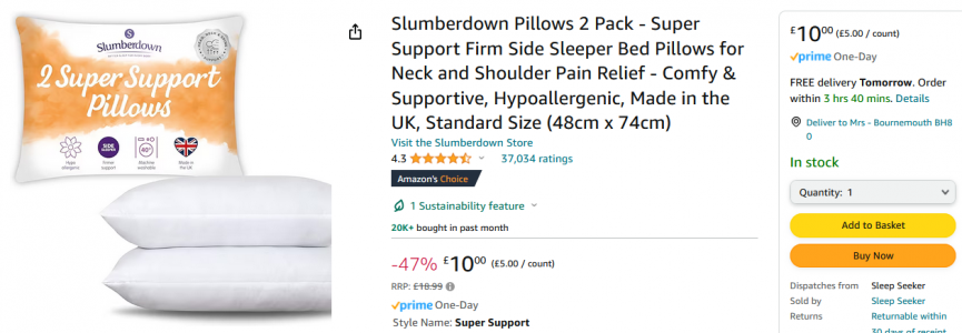 Slumberdown Pillows 2 Pack - Super Support Firm Side Sleeper Bed