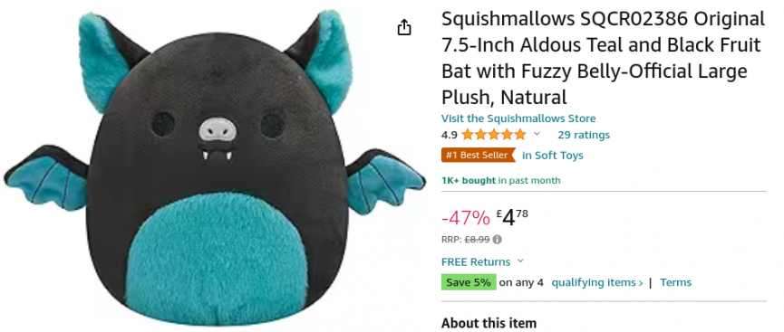 Squishmallows Aldous the Teal & Black Fruit sale Bat 7.5”